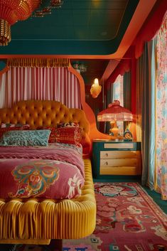 a colorful bedroom with an orange bed and pink bedspread on top of it