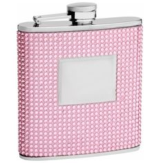 a pink flask with a white square in the center and silver trim around it