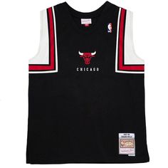 the chicago bulls basketball jersey is black with red, white and blue trimmings