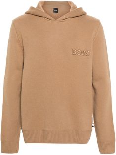 light brown virgin wool knitted construction embroidered logo at the chest mini logo tag classic hood drop shoulder long sleeves ribbed cuffs and hem Boss Outfit, Hooded Jumper, Boss Logo, Mini Logo, Mini Logos, Logo Embroidered, Hugo Boss, Drop Shoulder, Light Brown