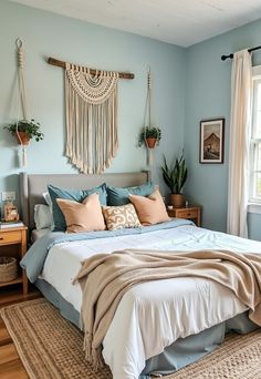 Light Blue Boho Bedroom Boho Bedroom With Blue Walls, Bedroom Ideas Coastal, Coastal Bedroom Colors, Boho Girls Bedroom, Boho Coastal Bedroom, Girls Blue Bedroom