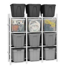 a white shelving unit with six bins and four black plastic containers on it