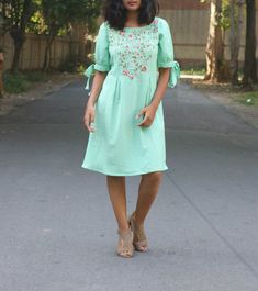 Linen dress for women/ Mint linen dress/ Linen pleated dress/ Loose linen dress/ made to order/ cust Green Floral Embroidered Knee-length Midi Dress, Fitted Linen Embroidered Summer Dress, Fitted Linen Embroidered Dress For Summer, Fitted Embroidered Linen Dress For Summer, Cotton Embroidered Dress For Garden Party, Linen Midi Dress With Floral Embroidery, Casual Embroidered Cotton Midi Dress, Linen Tunic Dress With Floral Embroidery, Green Embroidered Knee-length Summer Dress