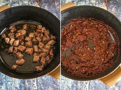 two pictures showing the process of cooking meat in a skillet