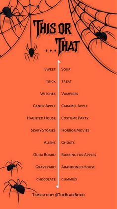 an orange halloween party menu with black spider webs on it and the words, this or that