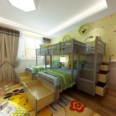 a child's bedroom with bunk beds and stairs