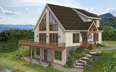 this is an artist's rendering of a house in the mountains with decking