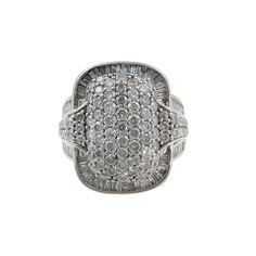 This ring features beautiful displays of diamonds setting... The head of the ring has a total of 58 round diamonds(0.03ct each), and 44 baguettes(0.015ct each). This is further accented by 25 more round diamonds on the shank(0.0075ct-0.012ct each) and 32 more baguettes(0.015ct each). This leaves the ring with an overall diamond weight of 3.11ctw.  Gender: Unisex  Material: Gold  Gold Color: White  Gold Karat: 10K  Weight: 10.4  Ring Size: 6  Center Stone Type: Diamond  Center Stone Shape: Round White Gold Cubic Zirconia Ring With Baguette Diamonds, Platinum Cluster Diamond Ring With Baguette Diamonds, Diamond White Diamond Ring With Baguette Diamonds, Diamond White Baguette Diamond Ring, Silver Platinum Diamond Ring With Baguette Diamonds, Dazzling White Gold Diamond Ring With Baguette Diamonds, Silver Platinum Cluster Ring With Baguette Diamonds, Cubic Zirconia Diamond Ring With Baguette Diamonds, Luxury Silver Diamond Ring With Baguette Diamonds