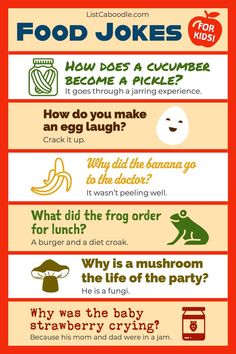 The best food jokes for kids. Kids Jokes And Riddles, Lunchbox Notes For Kids, Funny Corny Jokes, Food Jokes, Kids Questions, Lunchbox Jokes, Lunchbox Notes, Funny Riddles, Senior Activities