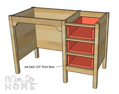 the desk is made out of wood and has red drawers