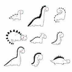 six different types of dinosaurs drawn in black and white with red dots on their eyes