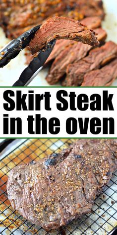 steak on the grill with text overlay that reads, skirt steak in the oven