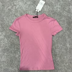 - Zara Tee - Size Small - Never Worn, Still Has Original Tags - Ribbed Material -Tight Fitting Pink Tee Outfit, Pink Stuff Girly, Halloween Group, Skin Aesthetics, Pink Shirts, Zara T Shirt, Ribbed Shirt, Casual Preppy Outfits, Zara Shirt