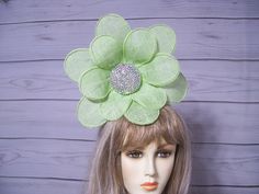 "Beautiful 10\" light green burlap flower fascinator on a headband, The petals have wire in them so you can gently form them, the center is so super sparkly, hand placed glass rhinestones. See video. check out my other hats and fascinators in my shop. Thank you for stopping by. Have wonderful day. All sales are final. Check out my other items in my shop https://www.etsy.com/shop/MsPurdy I ship many times a week. All sales are final. no exchanges or refunds." Tea Party Alice In Wonderland, Daisy Hat, Kentucky Derby Fascinator, Burlap Flower, Green Daisy, Derby Fascinator, Flower Fascinator, Burlap Flowers, See Videos