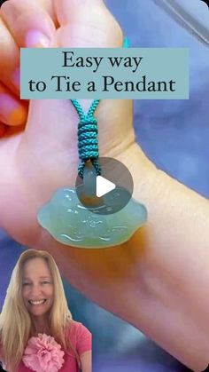 a woman holding onto a green beaded necklace with the words easy way to tie a pendant