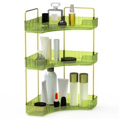 three tiered shelf with various items on it and one in the middle is green