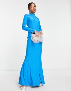 ASOS DESIGN high neck maxi dress with open back in electric blue | ASOS Blue Floor-length Maxi Dress With Side Slits, Blue Stretch Maxi Dress With Side Slits, Chic High Neck Maxi Dress For Prom, Blue Evening Maxi Dress With Side Slits, Blue Maxi Dress With Side Slits For Prom, High Neck Maxi Dress With Back Opening For Evening, Evening High Neck Maxi Dress With Back Opening, Prom Maxi Dress With Keyhole Back, Blue Maxi Dress With Side Slits For Gala