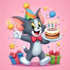 a cartoon cat holding a birthday cake with candles