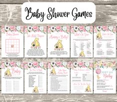 baby shower game with winnie the pooh and flowers on it, in pink and yellow