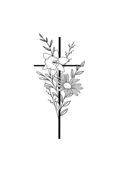 a cross with flowers and leaves on the side is drawn in black ink by hand