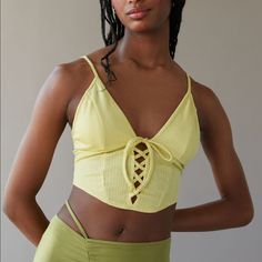 Very Cute No Flaws, Has Tags, Changed Mind Too Late To Return Yellow-Green/Lime Yellow Triangle Top For Spring, Urban Outfitters V-neck Tank Top For Beach, Urban Outfitters V-neck Crop Top For Summer, Urban Outfitters Crop Top For Spring Vacation, Chic Beach Tank Top By Urban Outfitters, Chic Urban Outfitters Tank Top For Beach, Urban Tank Top, Crochet Lace Tank Top, Womens Peplum Tops