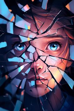 An evocative portrayal of vulnerability and resilience, this artwork captures a visage seemingly trapped behind shards of shattered glass. The fragments create a mosaic of emotions: the eyes, a brilliant shade of azure, are filled with a mixture of hope and melancholy. They stand out as windows to a soul, yearning for freedom and understanding amidst a fractured world. The play of lights casts a spectrum of hues upon the shards, illuminating the subject's freckled skin, delicate lashes, and the faint blush of her cheeks. Each piece of broken glass tells its own story, distorting the image in varying degrees, yet collectively presenting a vivid, almost palpable emotion. The atmosphere is saturated with tension. The cold, jagged edges of the shards juxtapose the soft, warm features of the su Shattered Mirror Art, Broken Artwork, Shattered Art, Shattered Glass Art, Perception Art, Freckled Skin, Cracked Paint, Reflection Painting