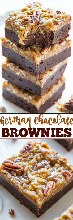 german chocolate brownies stacked on top of each other