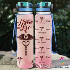 two pink water bottles with medical symbols on them