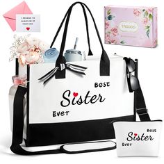 the best sister ever tote bag is next to its matching gift box and purse