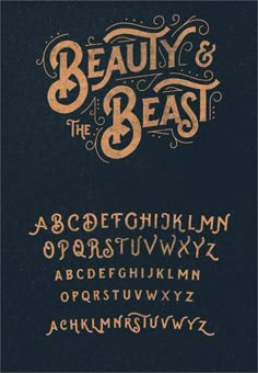 the font and numbers for beauty and the beast, written in gold on a black background