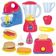 a toy kitchen set with food and appliances