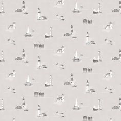 a gray and white wallpaper with lighthouses on it