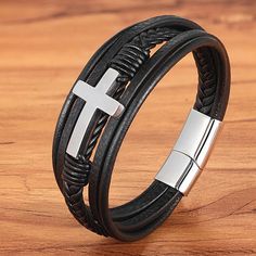 Multi Layer Mens Bracelet With Cross - Genuine Leather - Gift for Him - CloseUp - Silver/Black Cheap Men's Leather Bracelet For Friendship, Men Over 50 Bracelets, Faith Bracelet, Leather Bangle, Bracelet Apple Watch, Black Leather Bracelet, Stylish Bracelet, Mens Leather Bracelet, Cross Bracelet