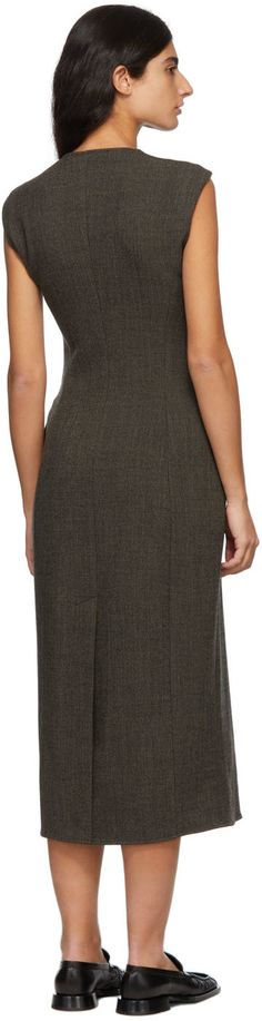 Sleeveless stretch wool-blend twill mid-length dress in grey. · Crewneck collar · Button closure · Flap pockets at waist · Central vent at back hem · Partially lined Supplier color: Fatigue multi Grey Crewneck, Mid Length Dresses, Proenza Schouler, Luxury Streetwear, Mid Length, Peplum Dress, Wool Blend, Dresses For Work, Women Wear