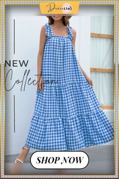 Elegant Fashion Check Sleeveless Sling Dress Women Summer Dress New Lace-up Ruffle Slash Neck Swing with A-line Long Dress A-line Maxi Dress With Ruffles For Vacation, Casual Ruffled Suspender Dress For Beach, Casual Ruffle Suspender Dress For Beach, Casual Beach Suspender Dress With Ruffles, Summer A-line Maxi Dress For Picnic, Casual Summer Suspender Dress With Ruffled Straps, Summer A-line Sundress With Ruffle Hem, Ruffled Maxi Length Picnic Dress, Ruffled Maxi Dress For Picnic