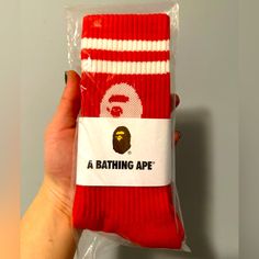 Bnwt A Bathing Ape Pair Of Red And White Socks Bape Head A Bathing Ape Written On Bottom Of Both Socks Retails At $50! Red Bape Shoes, Bape Shoes Stadium Goods, Bape Star Shoes Orange, The Bathing Ape, A Bathing Ape Bape Sta Low, Head Sock, Apparel Design Inspiration, White Socks, Bathing Ape