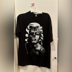 Marilyn Monroe Skull T-Shirt. Never Worn, But Had A Print Shop In California All Offers Welcome Alternative Skull Graphic Print T-shirt, Band Merch Crew Neck Top With Skull Print, Skull Print Graphic Tee For Alternative Fashion, Crew Neck Skull Print Band Merch Top, Crew Neck Skull Print Top Band Merch, Graphic Tee With Skull Print For Alternative Fashion, Graphic Tee Tops With Skull Print For Alternative Fashion, Alternative Style White Skull Print Top, Black Short Sleeve T-shirt With Skull Print