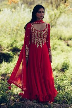 Pakistani Clothes Casual, Red Anarkali, Red Dupatta, Embroidered Anarkali, Indian Designer Suits