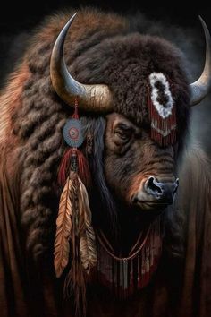 an artistic painting of a bison with feathers on it's head