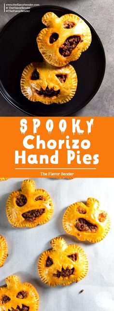 several small pies on a plate with the words spooky chokie hand pies