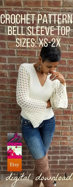 a woman is leaning against a brick wall with her hands on her hips and the words crochet pattern bellisleve top sizes xs xxs - 2x