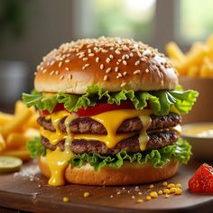 a cheeseburger with lettuce and tomatoes on a cutting board next to fries