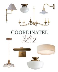 an advertisement for a lighting company with different types of lights and lamps hanging from the ceiling