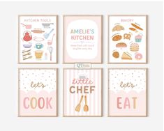 four kitchen wall art prints in pink and white with the words, let's cook,