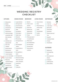 the wedding checklist is shown with pink flowers and green leaves on it, as well as