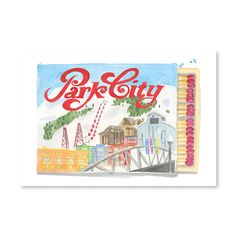 a drawing of a city with the word park city written in red on it's side