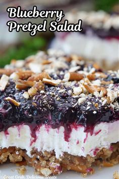 blueberry pretzel salad on a white plate