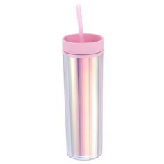 a pink tumbler cup with a straw sticking out of the top, on a white background