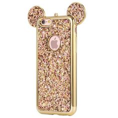 an iphone case with glitter mouse ears on the front and back, in gold tone