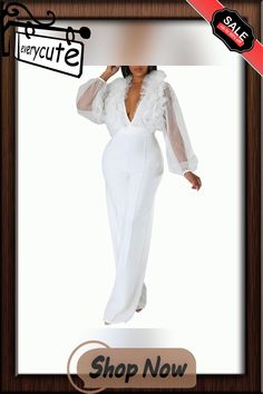 White Mesh Puff Sleeve Deep V Neck Sexy Jumpsuit Glamorous White Long Sleeve Jumpsuits And Rompers, Chic High Waist Bodysuit For Party, White High Waist Bodysuit For Night Out, White High-waist Bodysuit For Night Out, Elegant White High Waist Bodysuit, Elegant White High-waist Bodysuit, High Waist Evening Bodysuit For Spring, Spring Evening High-waist Bodysuit, Chic White High Waist Bodysuit